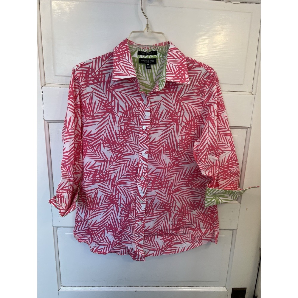 Foxcroft Button Up Down Shirt Women Sz 8 White Pink Green